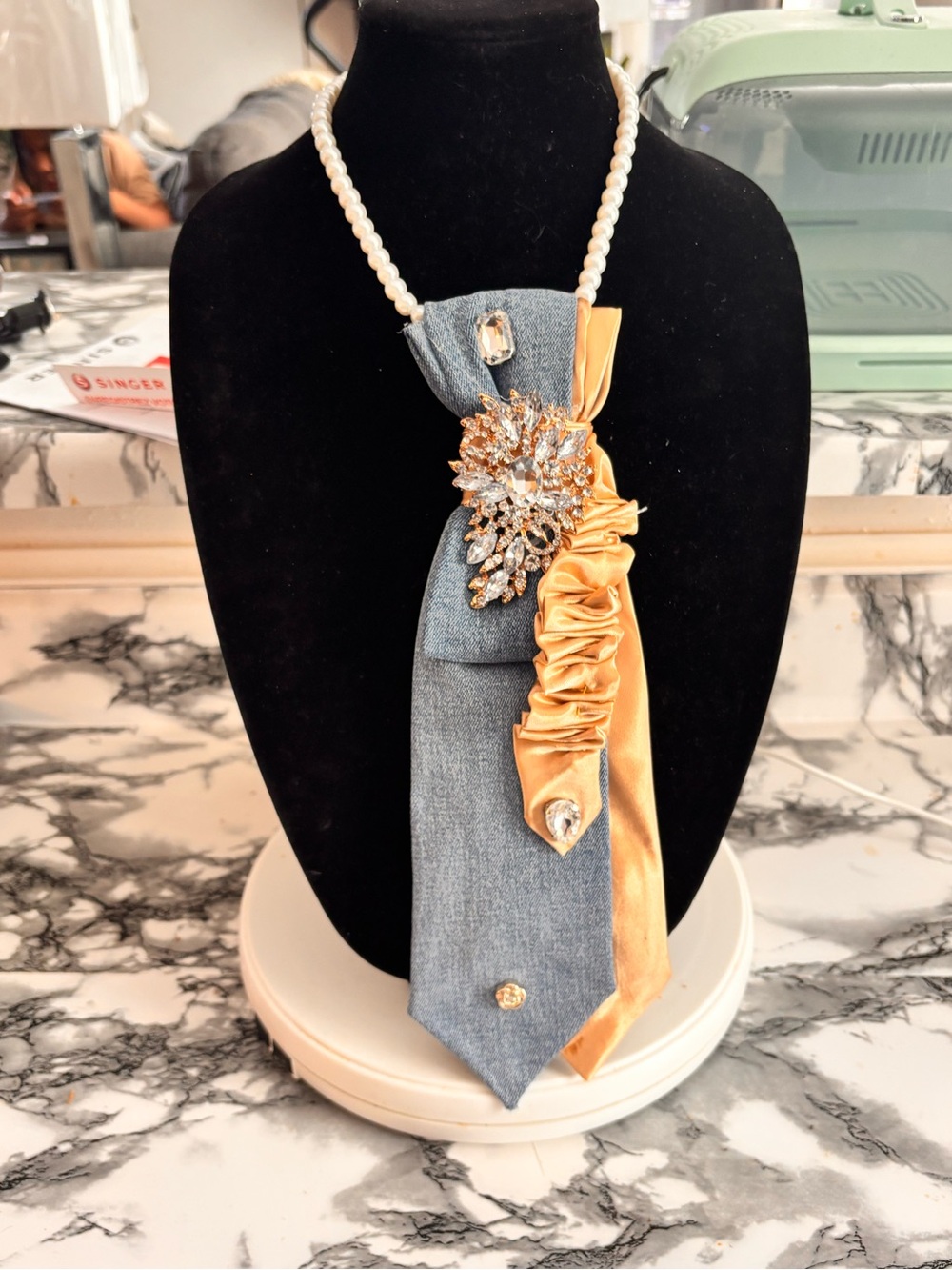 Pearl & Satin Accent Necklace with Denim Tie in Gold and Gray